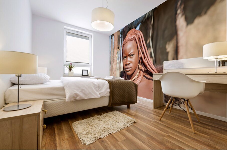Traditional hair headdress of a woman in Himba village of Namibi Mural print
