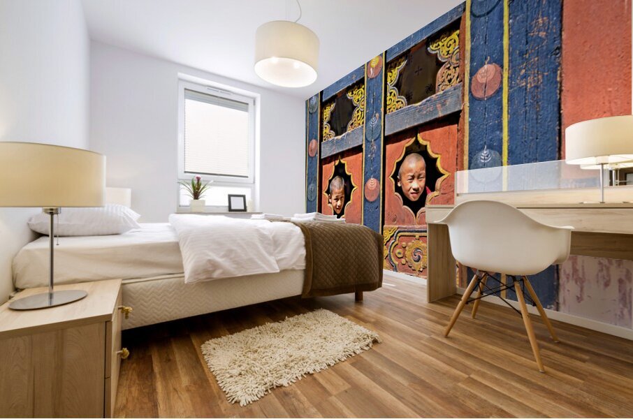 Young monks peeking from decorative colorful windows. Mural print