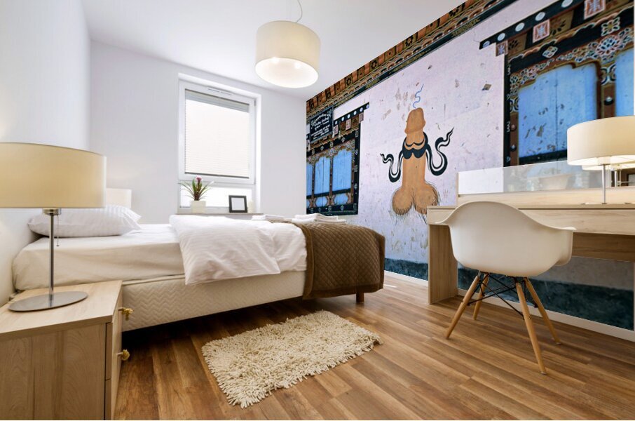 Phallus painting on a building wall with windows and shop sign. Mural print