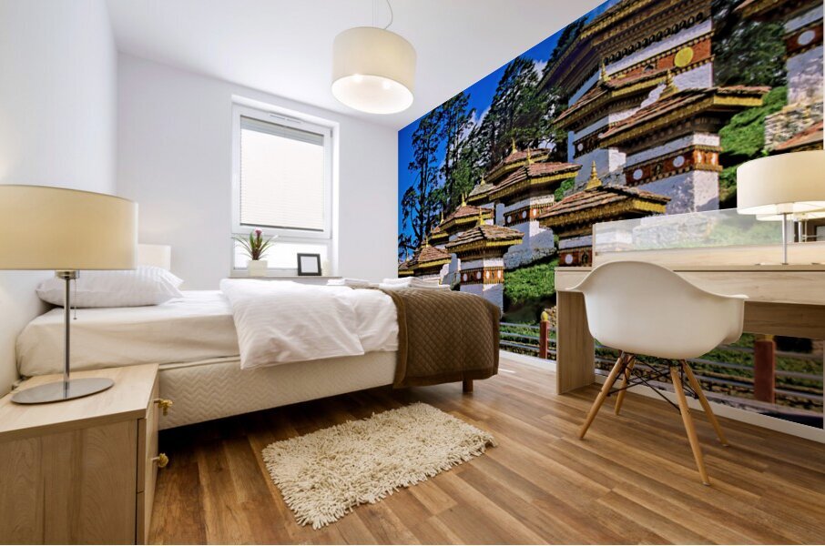 Druk Wangyal Chortens Bhutan with lush trees and blue sky. Mural print