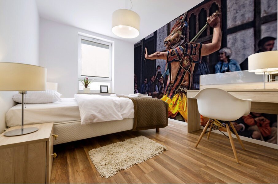 Bhutanese masked deer dancer performs for an attentive audience. Mural print