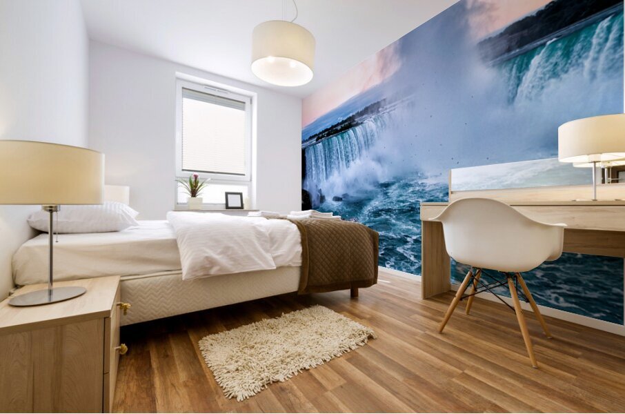 Hornblower boat approaches powerful Niagara Falls. Mural print