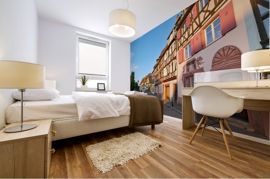 People walking along the canal in Petite Venise Colmar during ev Mural print