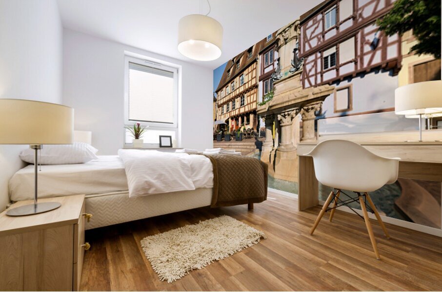 Timber framed houses and fountain in Petite Venise Colmar France Mural print