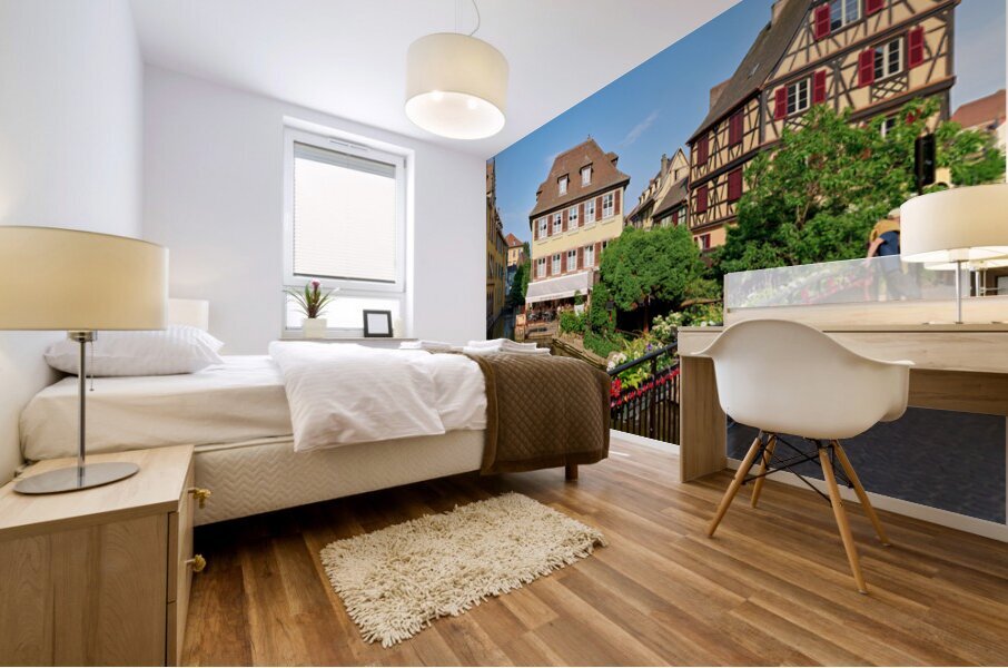 Visitors stroll by timber framed houses along the canal in Colma Mural print