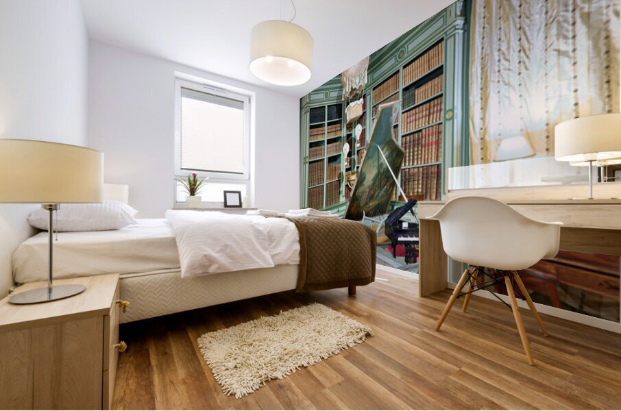 Chateau de Cheverny interior with piano and bookshelves Mural print