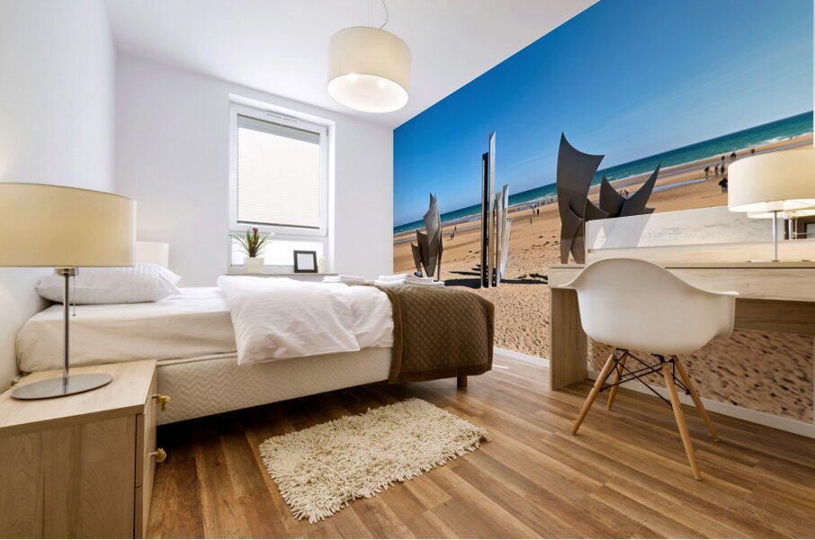 Visit to Omaha Beach in Normandy France with memorial sculpture Mural print