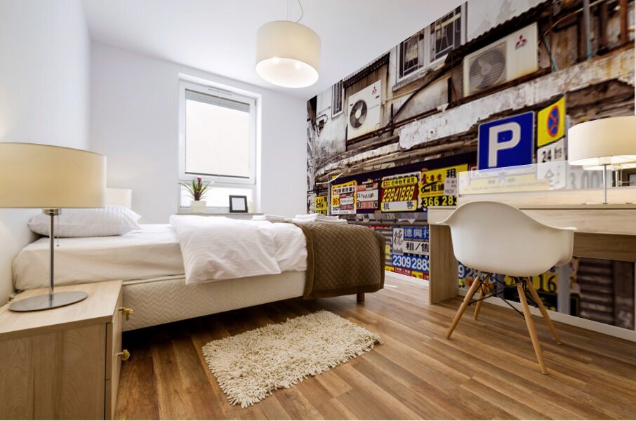 Busy street in Hong Kong shows old building and pedestrians Mural print