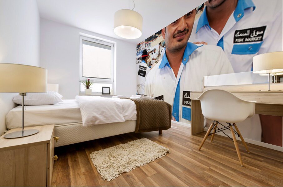 Smiling fishmongers hold fresh fish at market in Dubai UAE Mural print