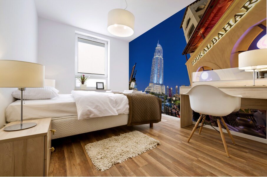 Night lights and waterfront dining in Dubai cityscape Mural print