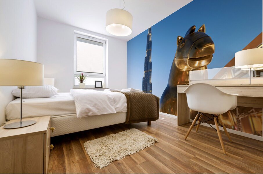 Burj Khalifa and golden horse statue at dusk in Dubai Mural print