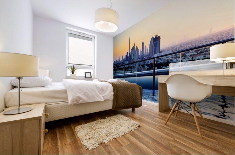 Swimming in infinity pool overlooking Dubai skyline at sunset Mural print