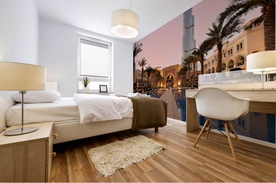Burj Khalifa towers over pool and traditional buildings in Dubai Mural print