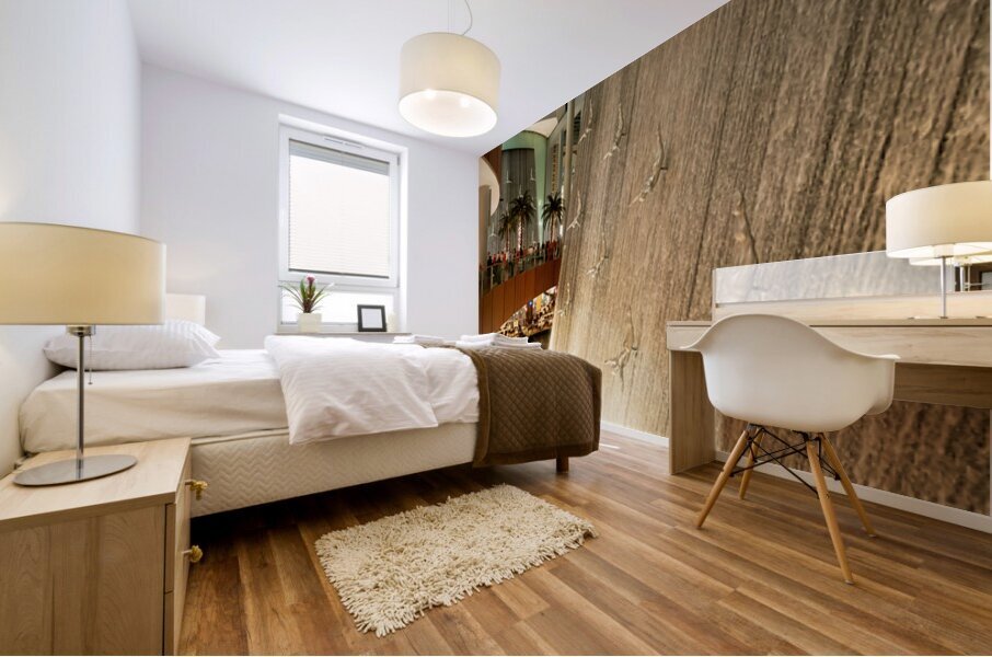 Indoor waterfall with diving sculptures and dining in Dubai UAE Mural print