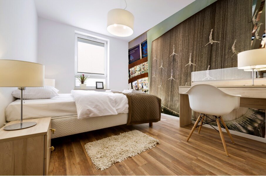 Indoor waterfall with diver sculptures in a mall in Dubai UAE Mural print