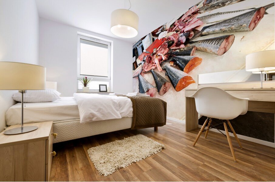 Fresh fish and seafood displayed on ice in Dubai market Mural print