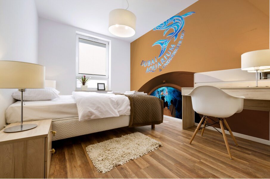 Entrance to Dubai Aquarium Underwater Zoo with glowing shark sig Mural print