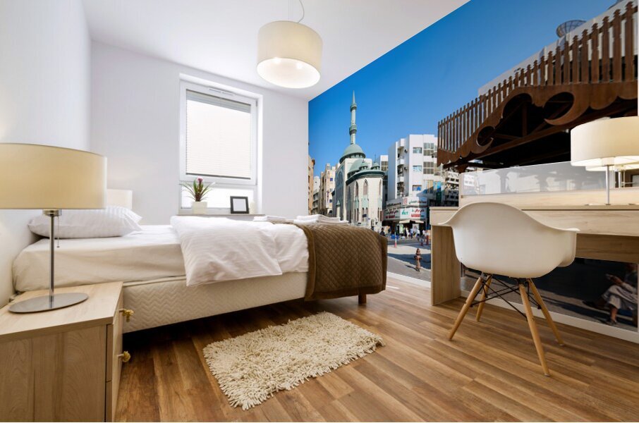 Middle Eastern street scene with mosque and market in Dubai UAE Mural print