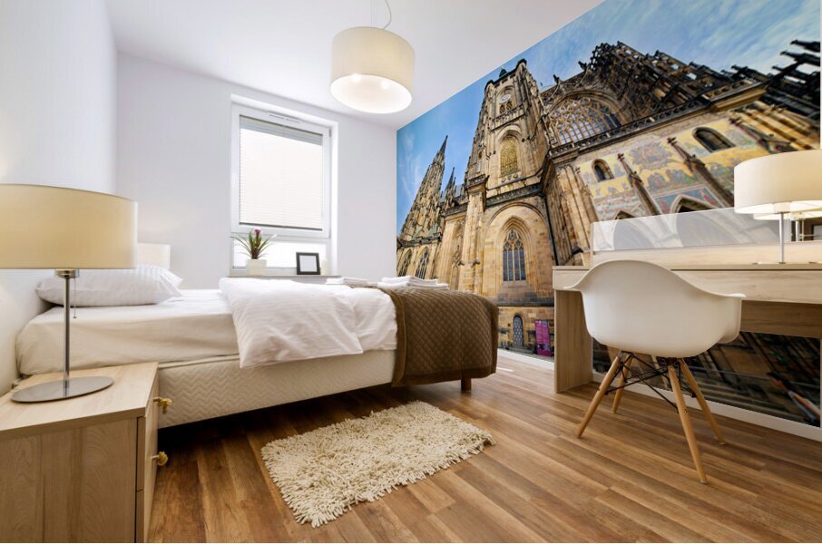Ornate St. Vitus Cathedral facade against a blue sky. Mural print