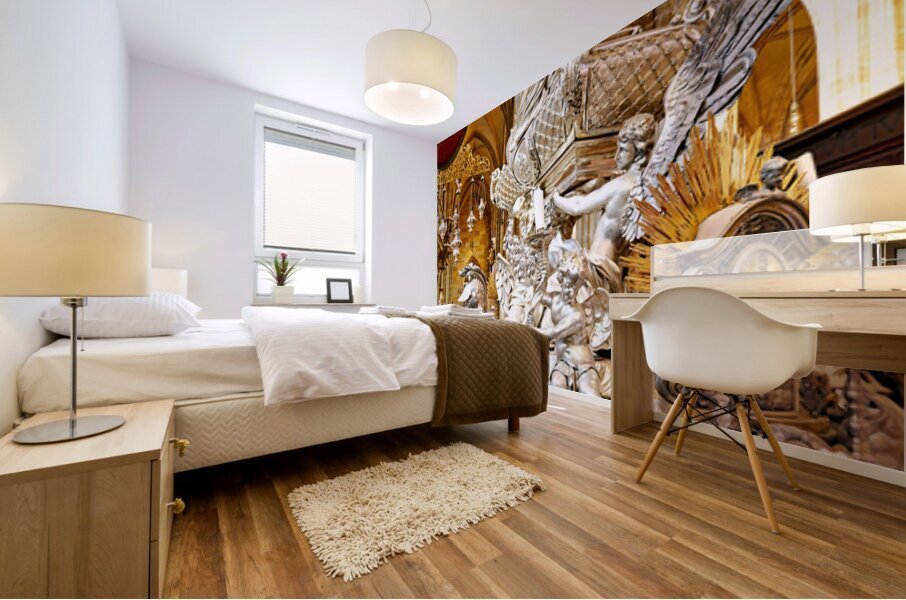 Ornate silver religious monument inside a grand cathedral. Mural print