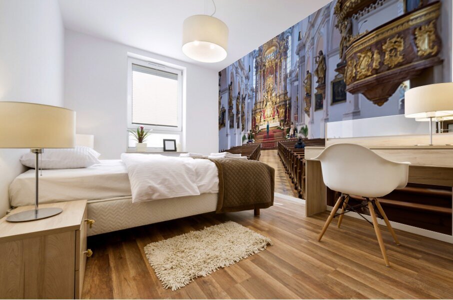 People explore the interior of St Mural print