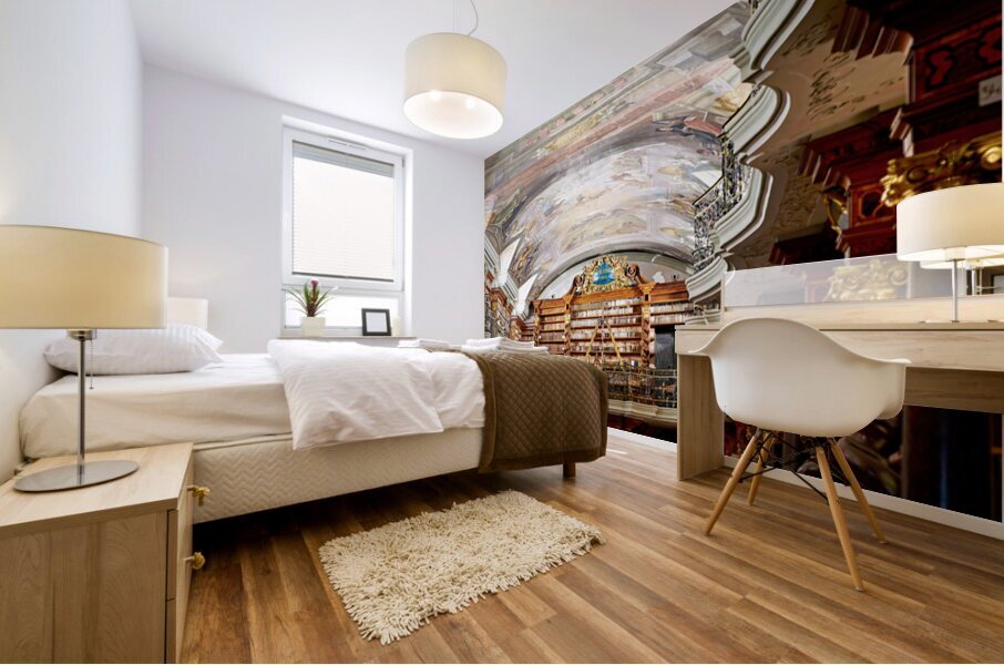 Grand baroque library with painted ceilings and countless books. Mural print