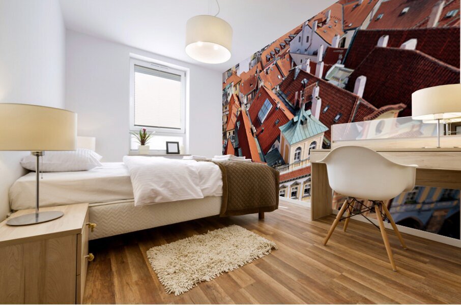 Aerial view of Pragues historic red roofed cityscape and bustli Mural print