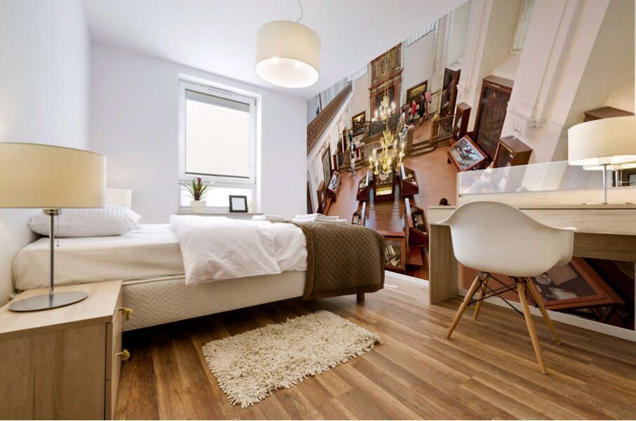 People explore a grand museum or synagogue with historical exhib Mural print