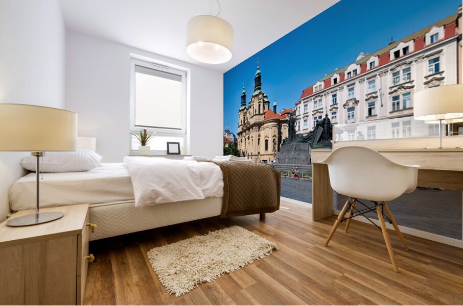 Pragues Old Town Square with St. Nicholas Church and Jan Hus Mo Mural print