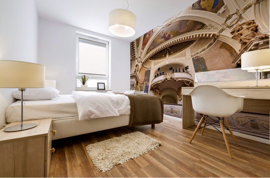 Ornate theater interior with murals sculptures and balcony. Mural print