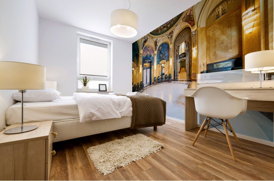 Ornate historic hall with murals arches and elegant seating. Mural print