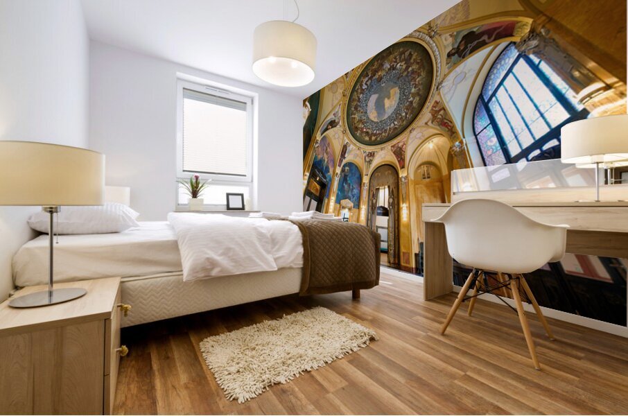 Grand hall with elaborate murals dome and stained glass. Mural print