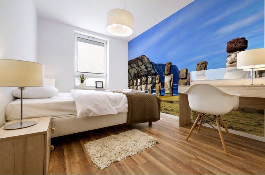 Easter Island Moai statues against ocean and cliffs. Mural print