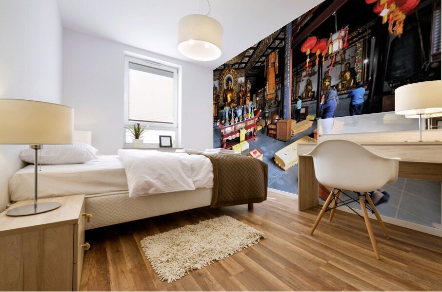 Worshippers offer prayers in a Buddhist temple in Shanghai Chin Mural print