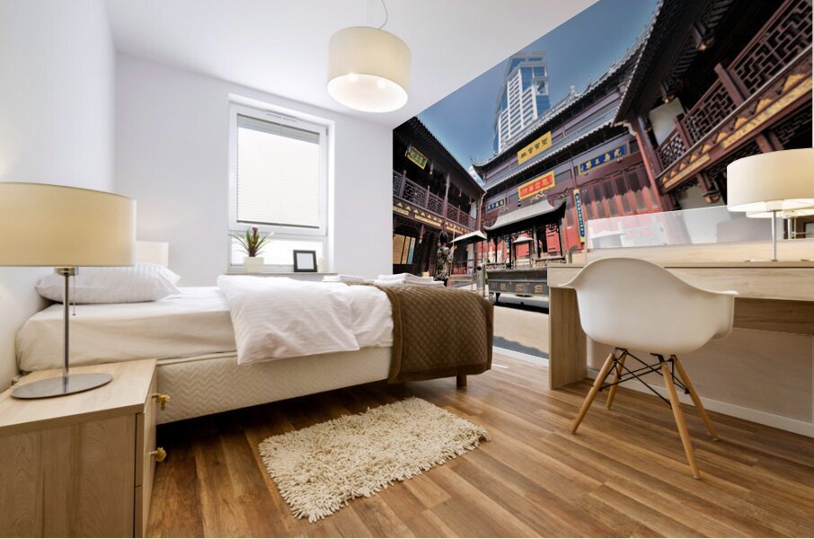 Incense offered at a Chinese temple courtyard in Shanghai Mural print