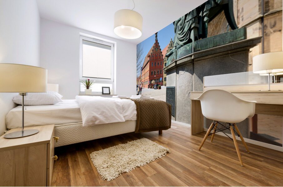 Visitors explore Dinkelsbuhl old town and historical statue Mural print