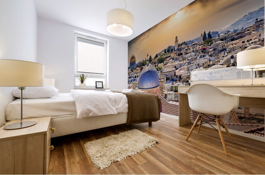 Dramatic sunset over the old city of Jerusalem in Israel Mural print