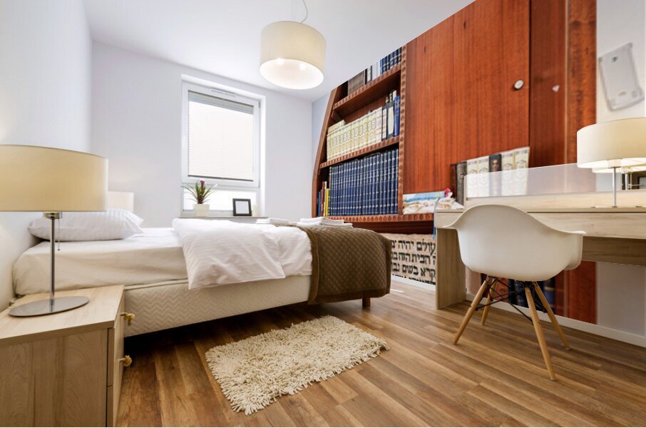 Bookshelf with religious texts in Sephardic synagogues in Jerusa Mural print