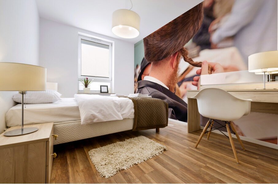 Orthodox Jews pray and read at the Wailing Wall in Jerusalem Mural print