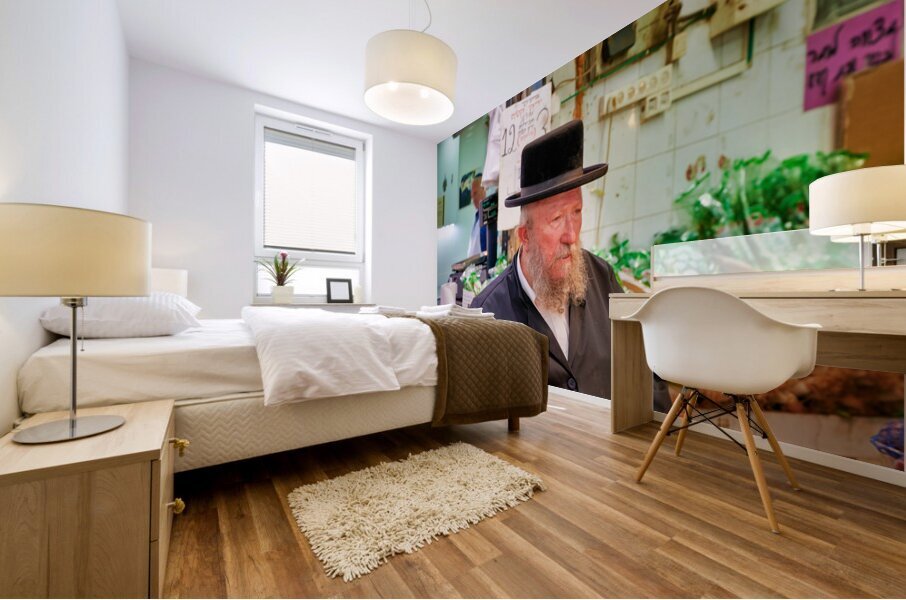 Elderly man in Mahane Yehuda Market in Jerusalem during a busy d Mural print
