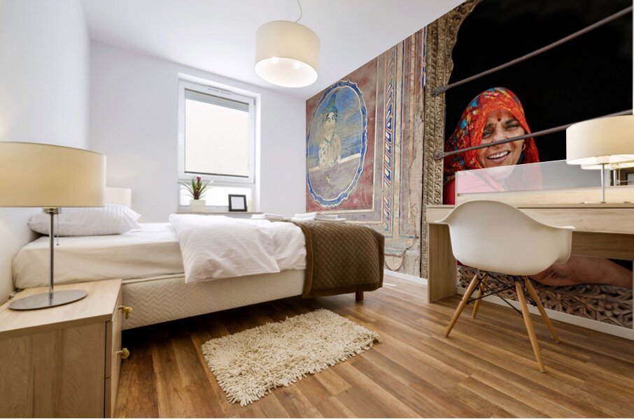 Woman smiles while looking out of a window in Mandawa Rajasthan Mural print