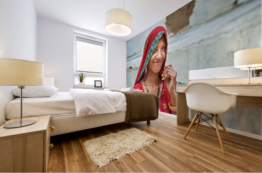 Portrait of a woman in traditional dress in Mandawa Rajasthan Mural print