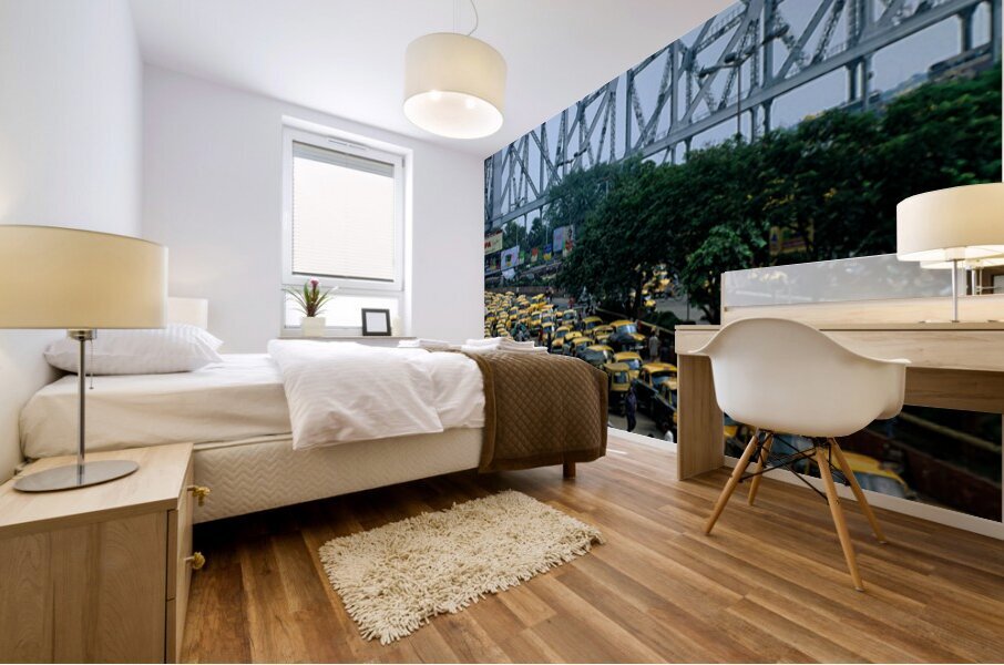 Taxis lined up in Calcutta Kolkata near the Howrah Bridge Mural print