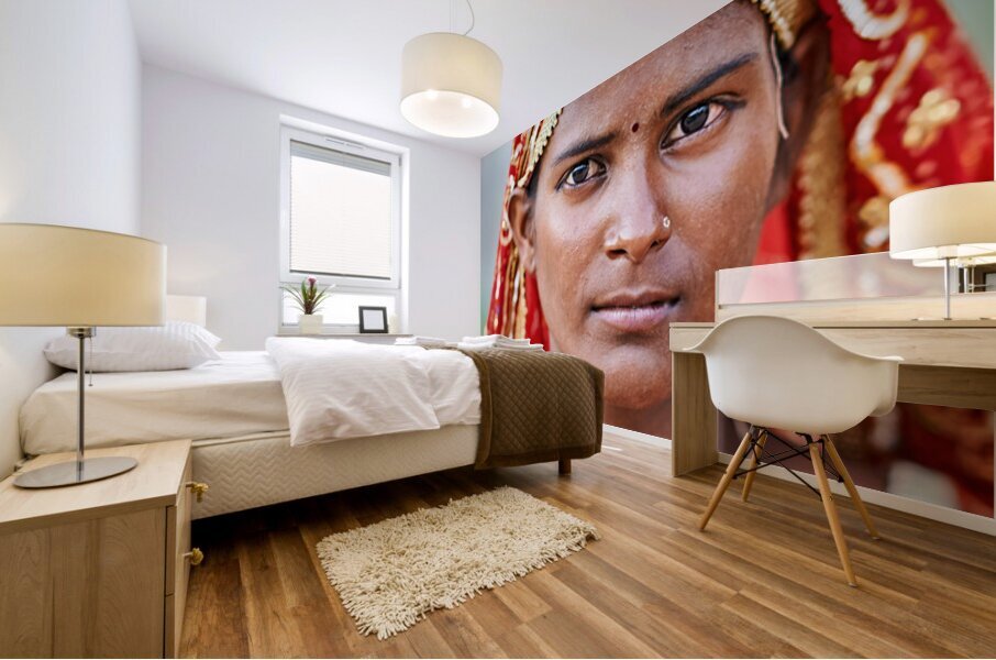 Portrait of woman in traditional dress in Mandawa Rajasthan Mural print