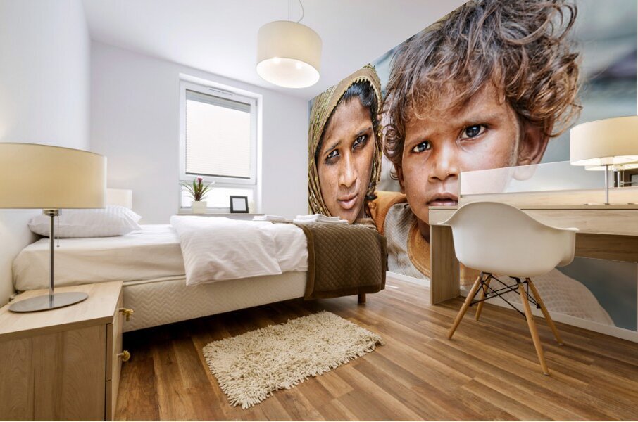 Mother and son standing together in Mandawa Rajasthan Mural print