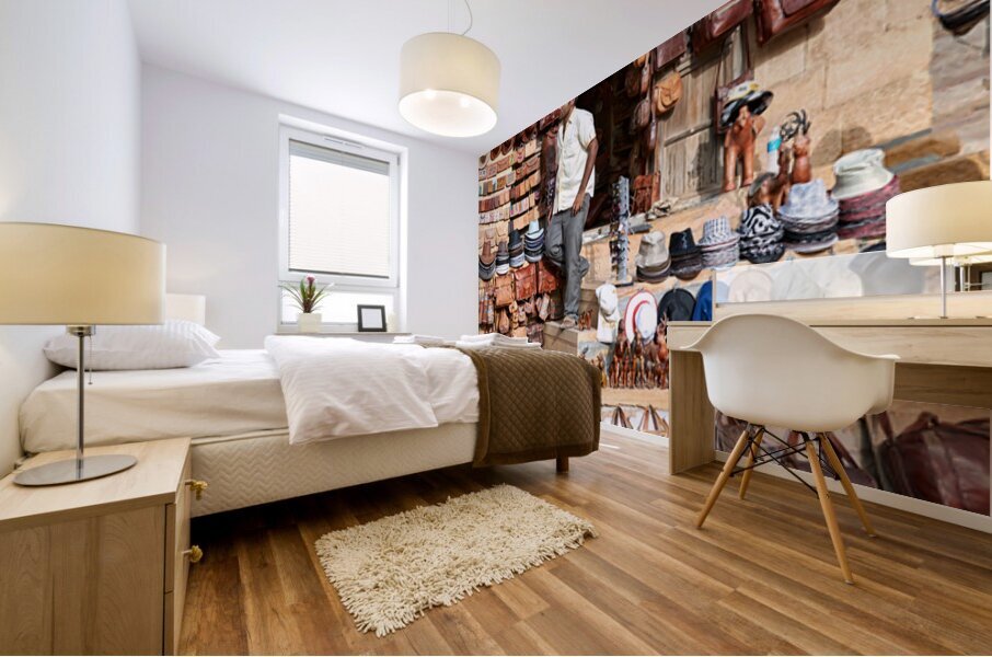 Selling leather bags in Jaisalmer from a shop Mural print