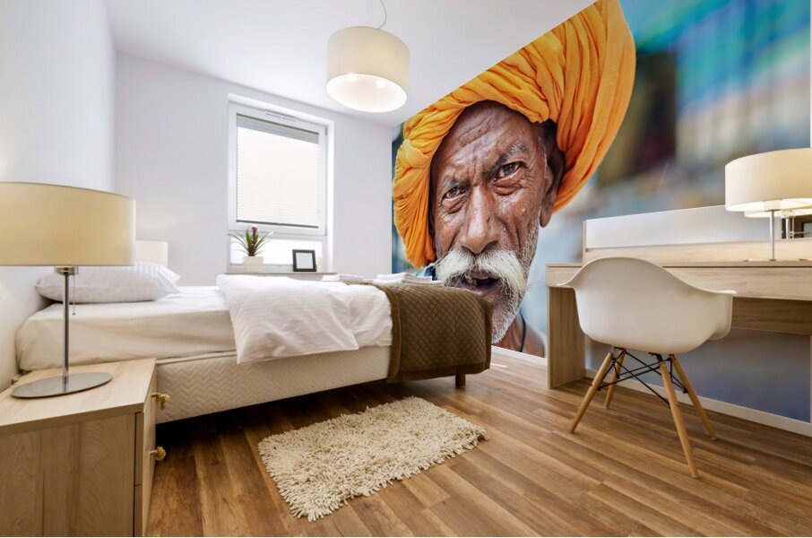 Old man in Bundi Rajasthan showing traditional culture and attir Mural print