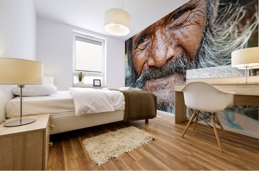 Old man in Rajasthan Jodhpur with a long beard and thoughtful ga Mural print