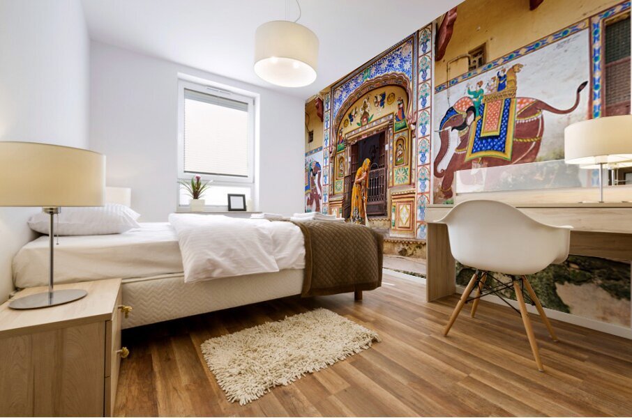 Bundi Rajasthan house with painted walls and a woman sweeping Mural print