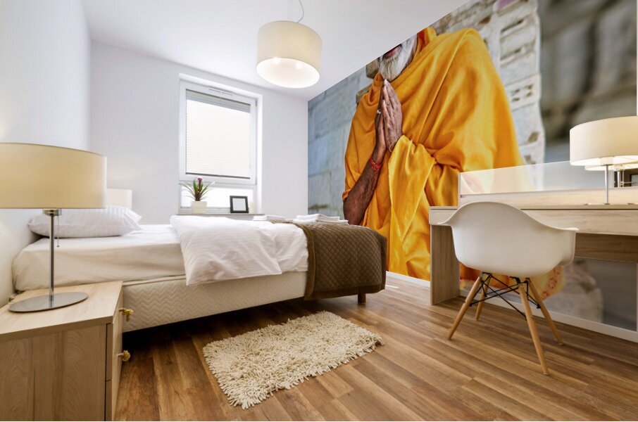 Man prays in Jain temple in Ranakpur Rajasthan during the day Mural print